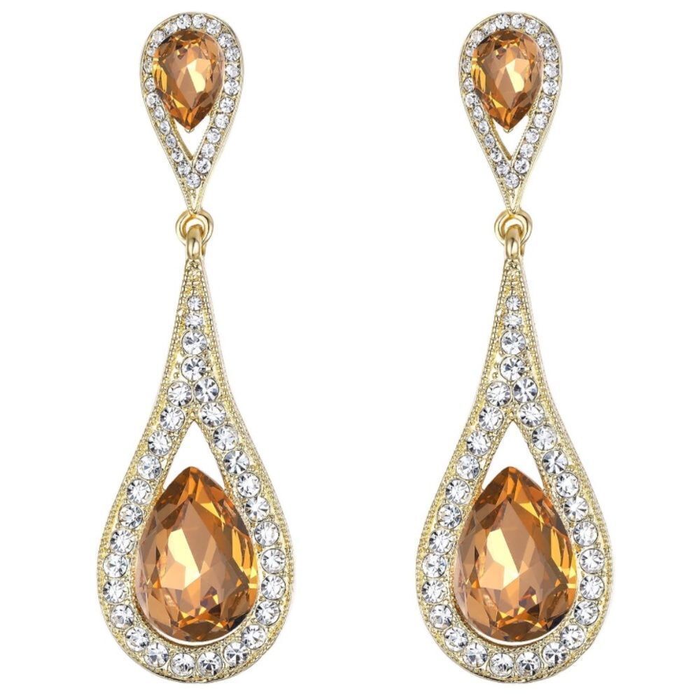 Yellow Gold with Champagne and Diamond Austrian Crystal Dual Teardrop Earrings